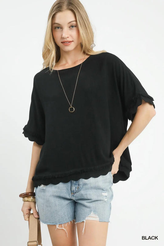 Umgee Linen Frayed Hem Scallop Edge Top Black