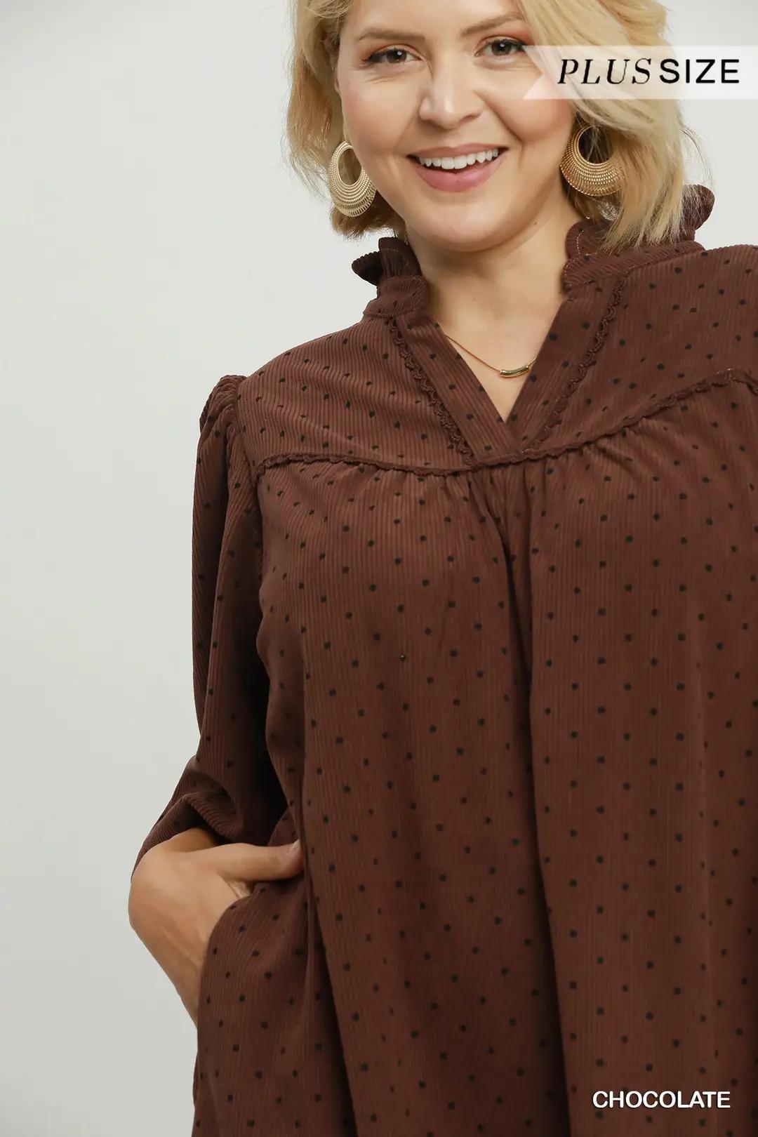 Umgee Swiss Dot Ruffle Neck Babydoll Dress - Chocolate