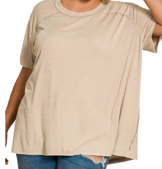 Zenana Plus Washed Ribbed Short Sleeve Boat-Neck Top