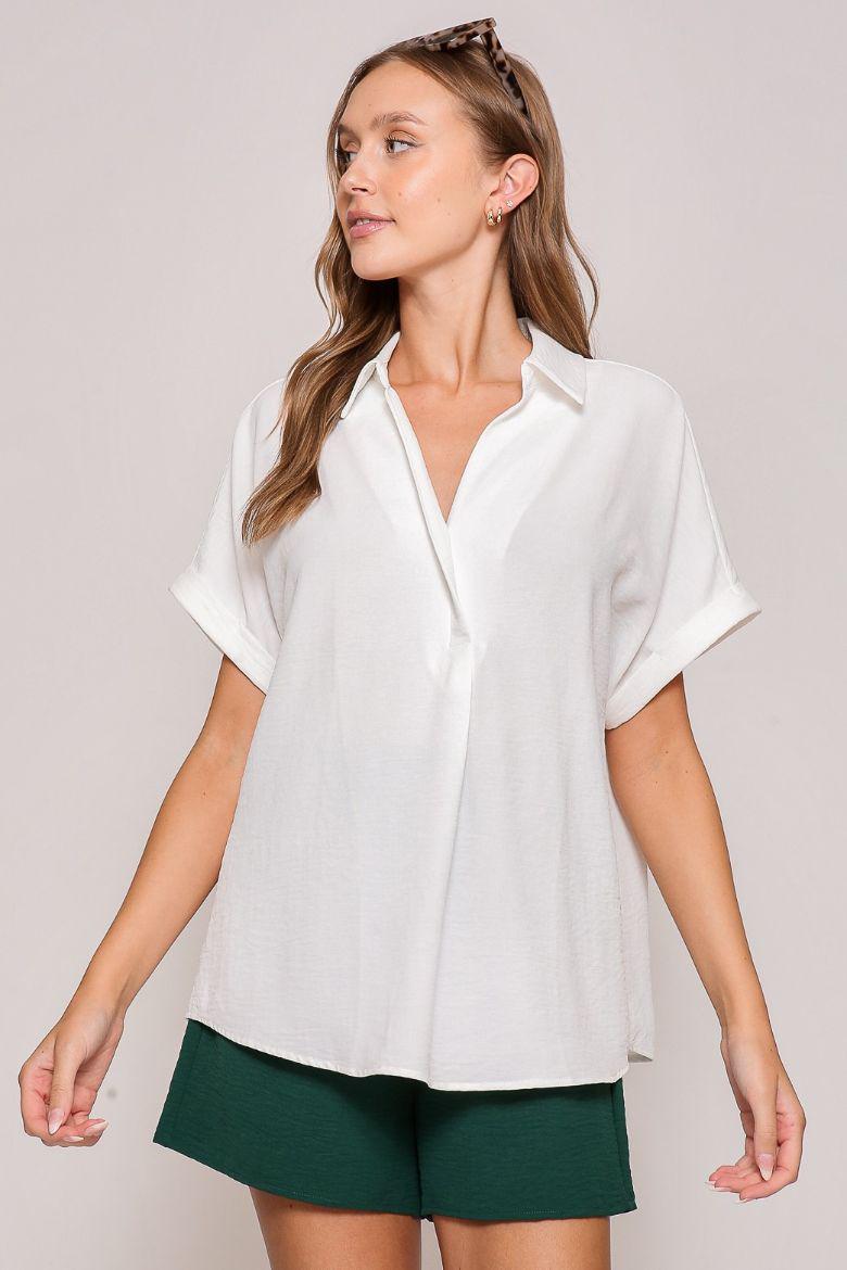 Roll Cuff Air Flow Johnny Collar Top