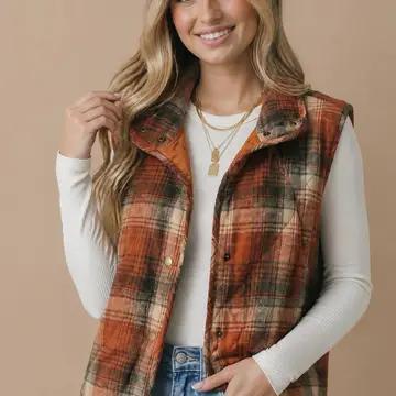 Plaid Quilted Snap Button Puffer Vest