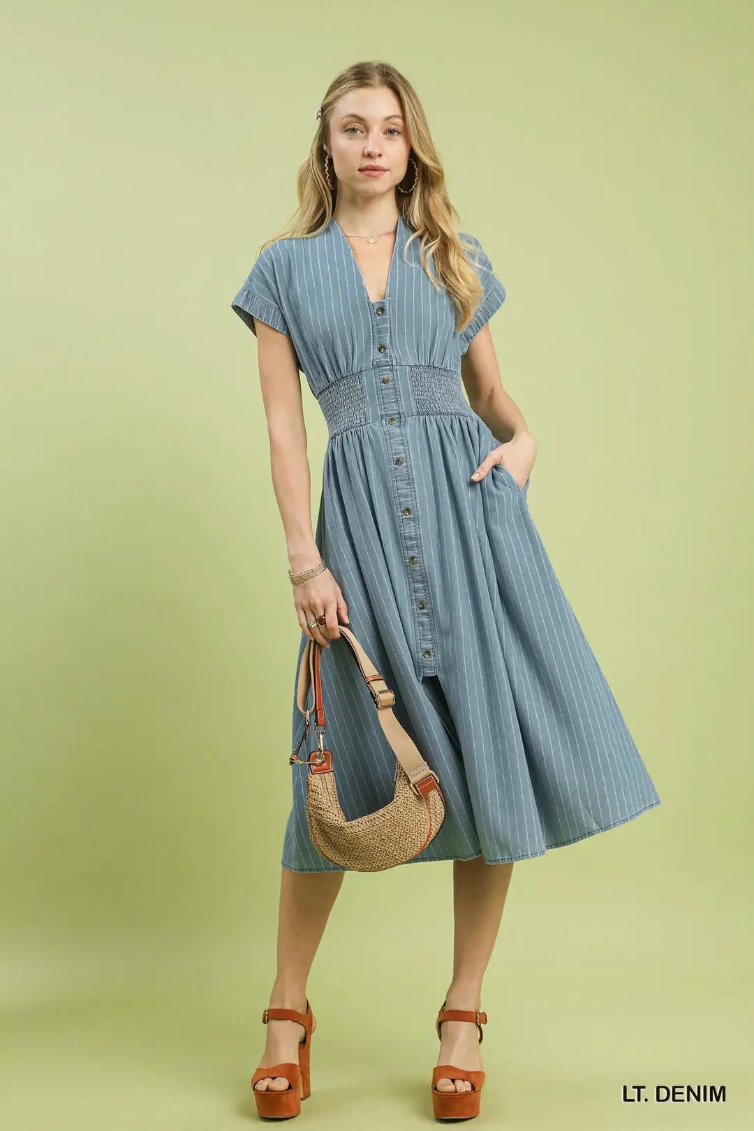 Umgee Pinstripe Smocked Waist Button-Front Midi Dress