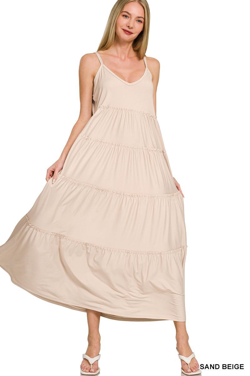 ZENANA  V-neck Cami Maxi Tiered Dress w/ Side Pockets