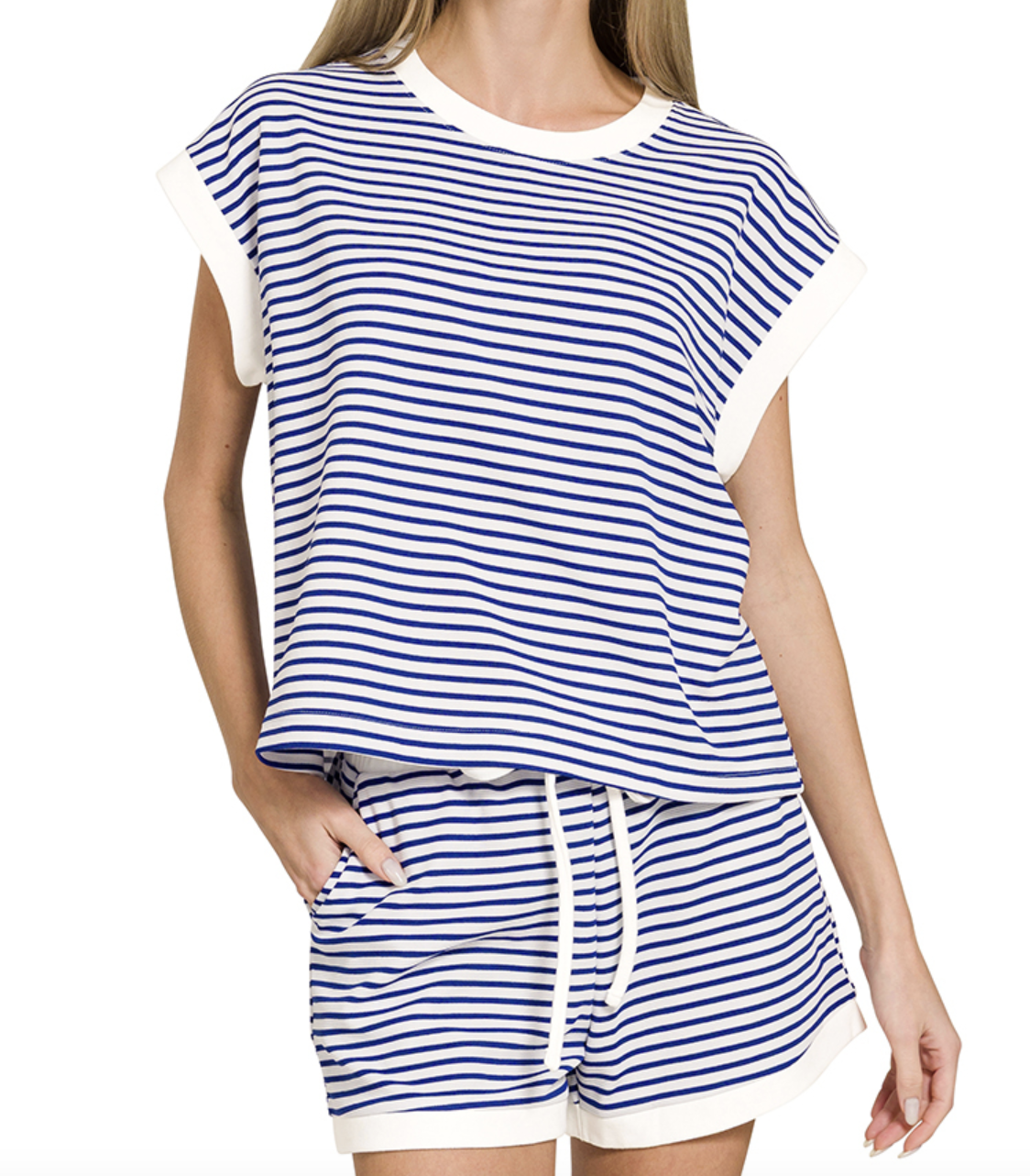 ZENANA Stripe contrast trim top & shorts set