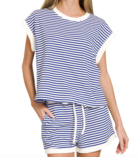 ZENANA Stripe contrast trim top & shorts set