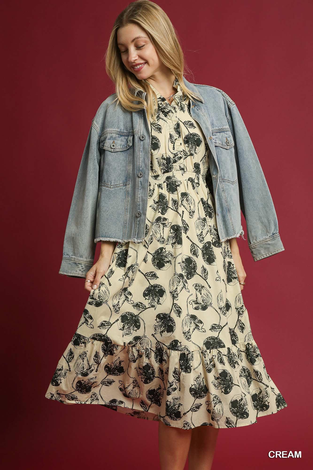 UMGEE Floral Print Button Down Midi Dress