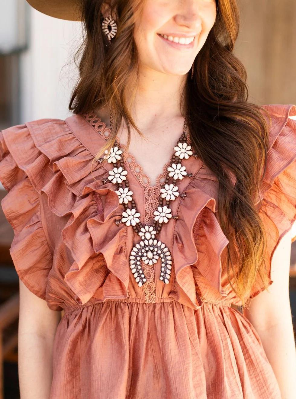 G&E White Cream & Copper Squash Blossom Necklace