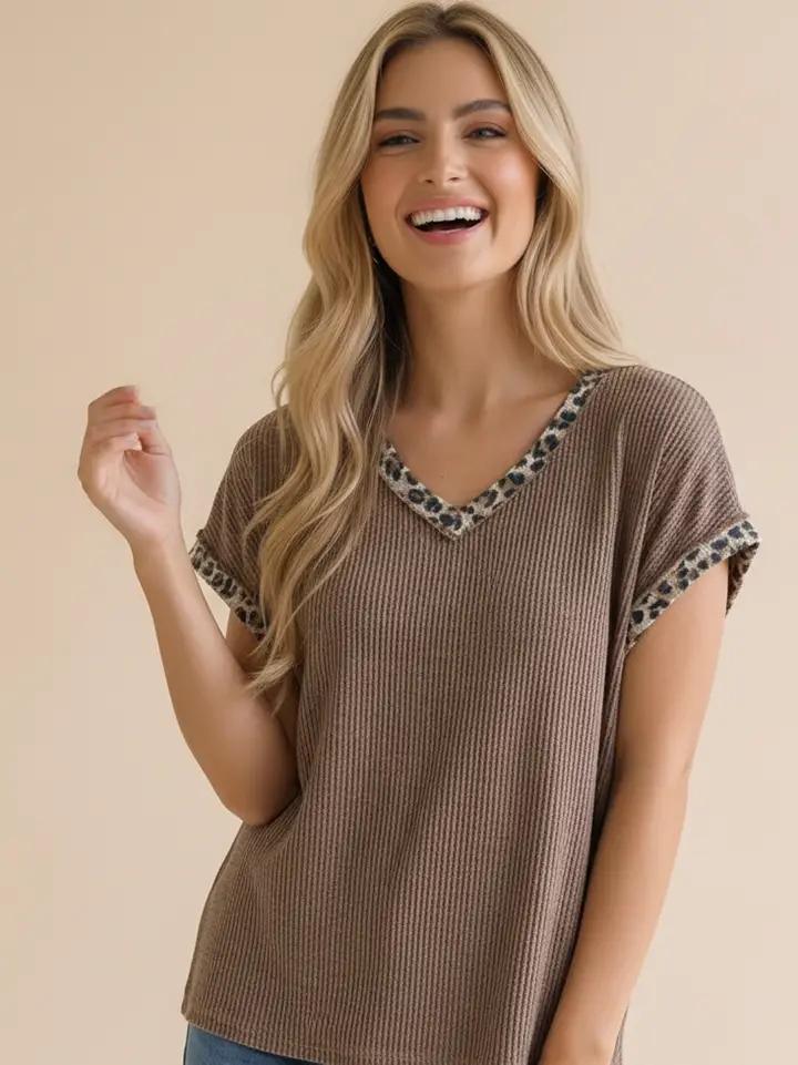 Leopard Color Block Wave Rib Knit Top - Mocha