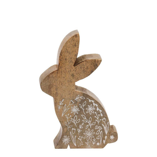 Tall Wood Bunny With White Flowers Easter - 6" or 8"