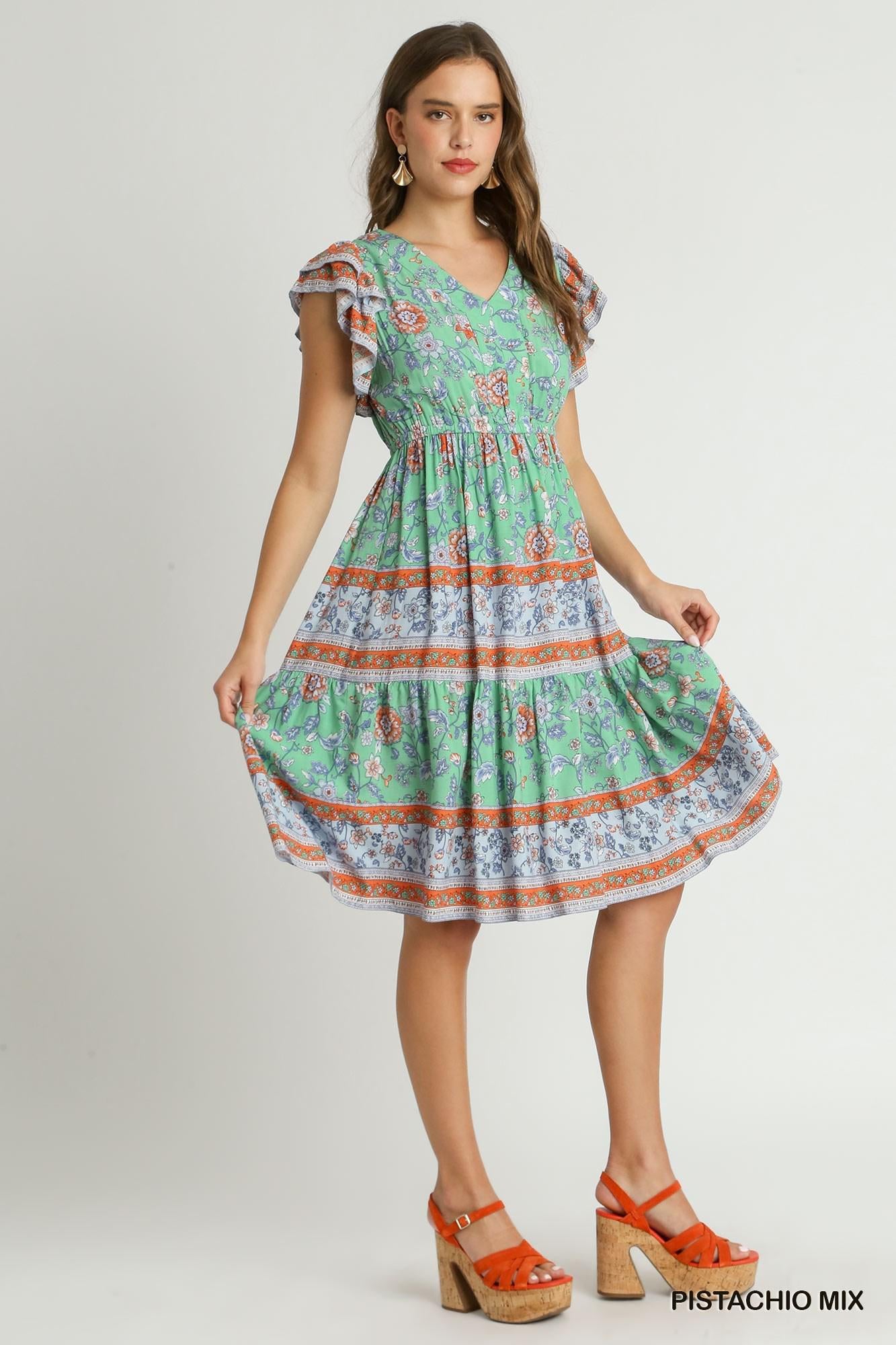 UMGEE C3708 Border Print V-Neck Pleated Midi Dress with Ruffle Sleeve & Elastic Band Detail