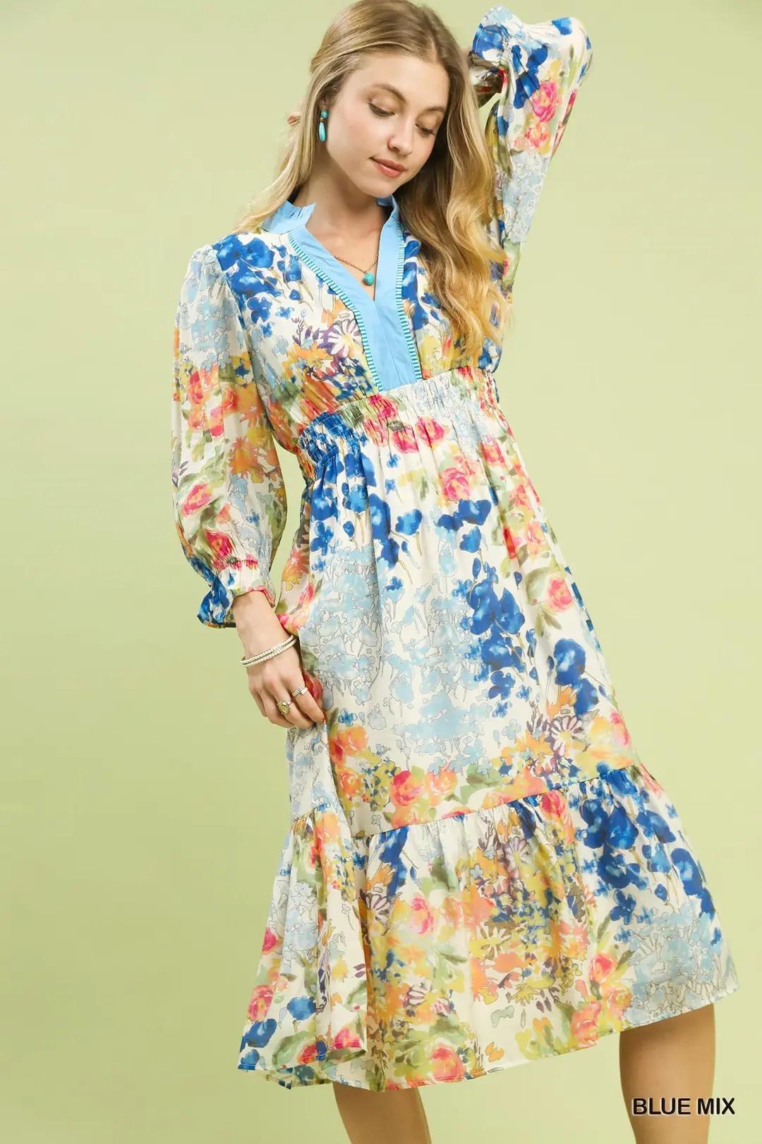 Umgee Mix Floral Print Maxi Dress with Contrast Trim