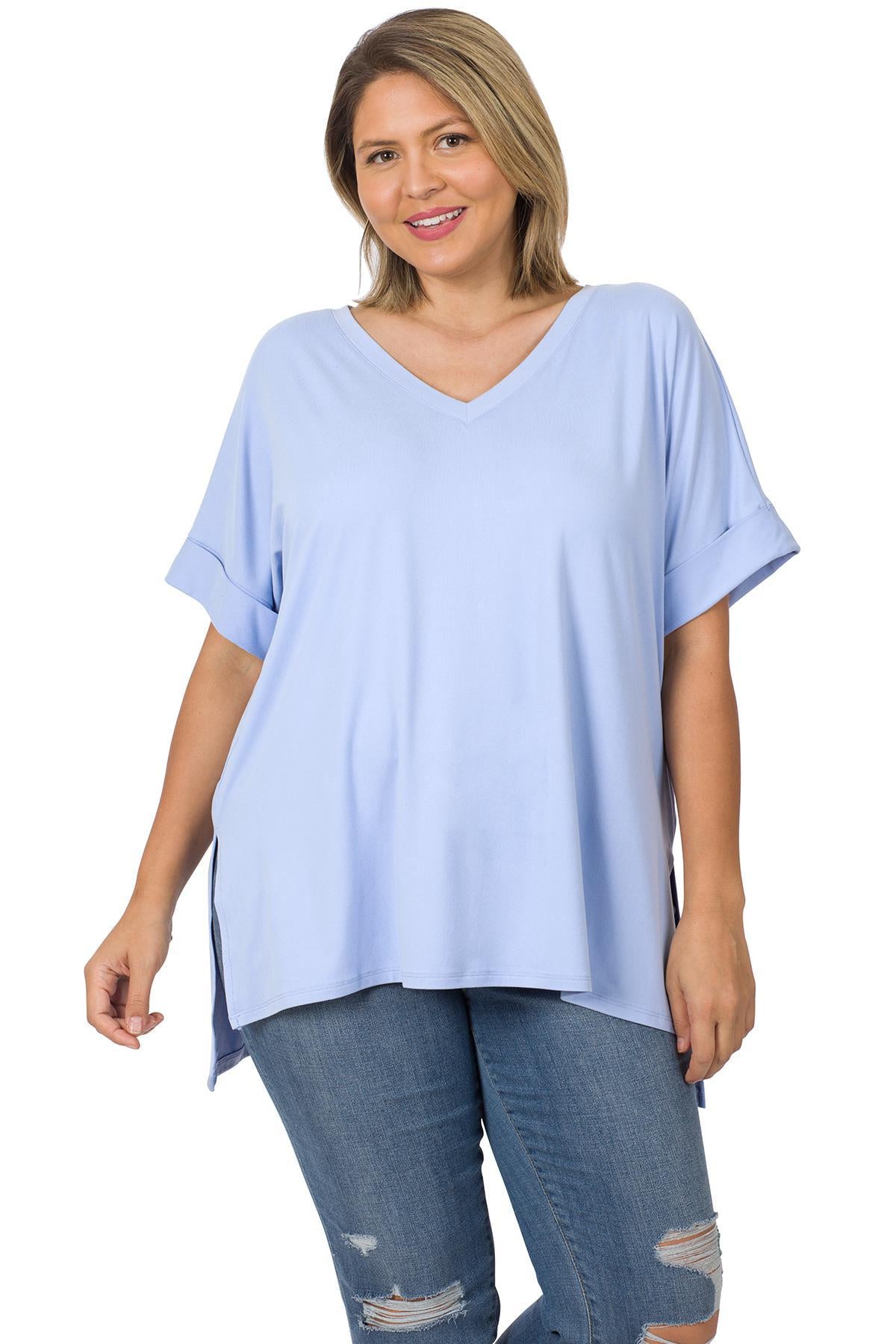 ZENANA PT-2456 Curvy Brushed Rolled Short Sleeve V-neck Top