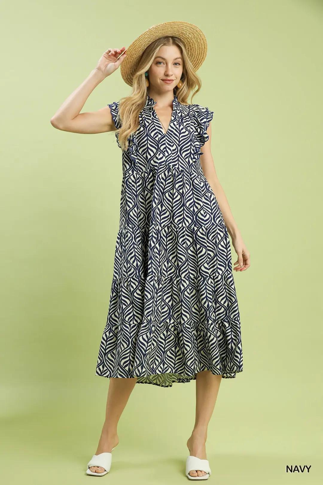 Leaf Print Tiered Midi Dress Navy