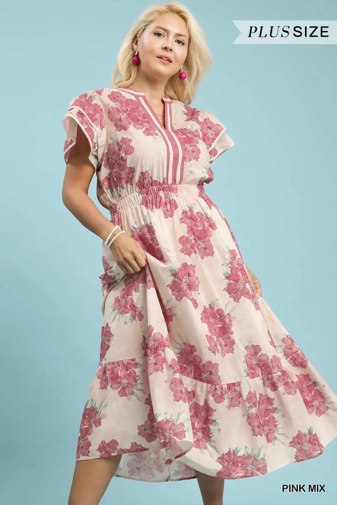 UMGEE Plus Size Floral Flutter Sleeve Midi Dress