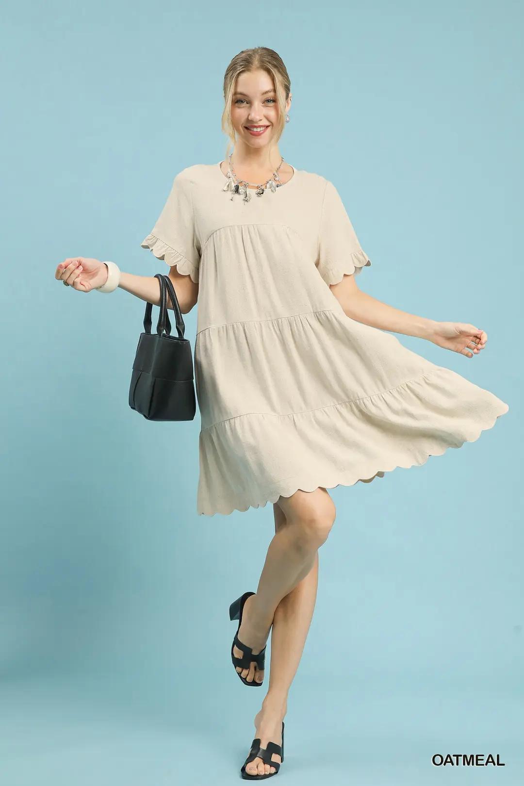 Umgee Linen Tiered Babydoll Dress with Ruffle Sleeves Oatmeal