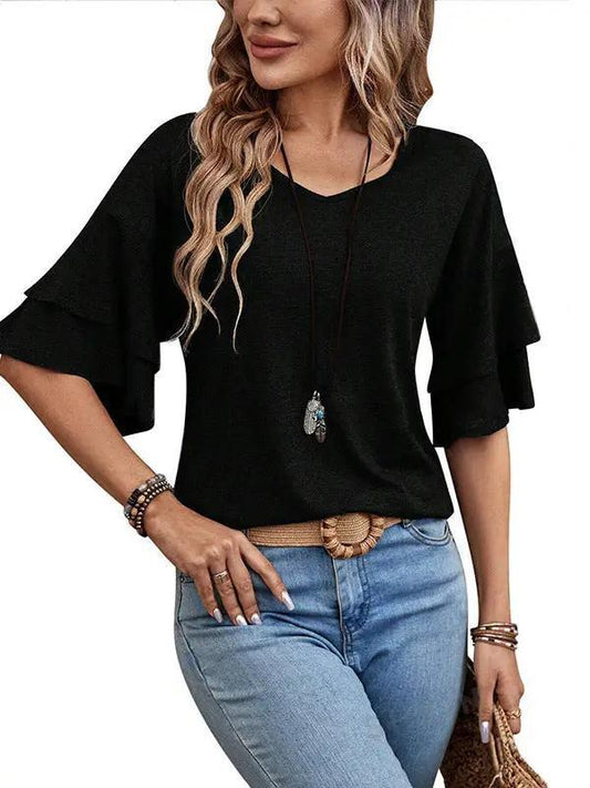 Black Ruffle Sleeve V Neck Loose Fit Women Summer Top