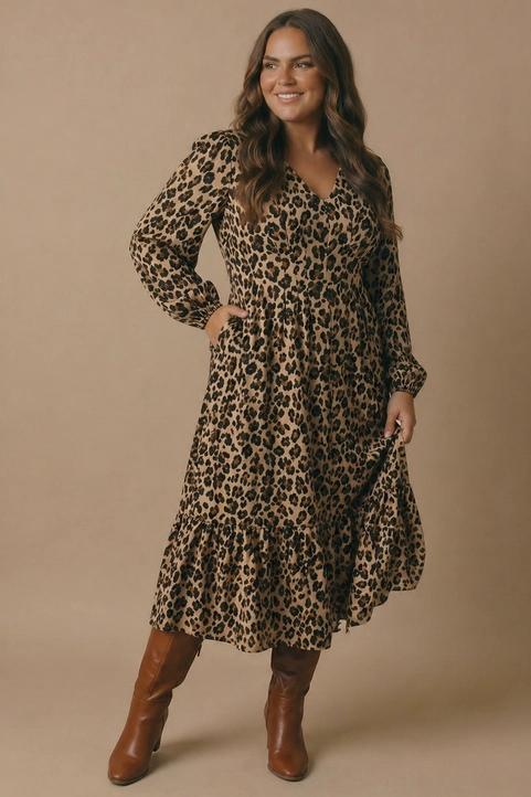Animal Print Empire Silhouette Midi Dress Curvy Taupe