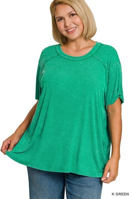 ZENANA RTW-8493 Acid Washed Ribbed Short Sleeve Boat-Neck Top