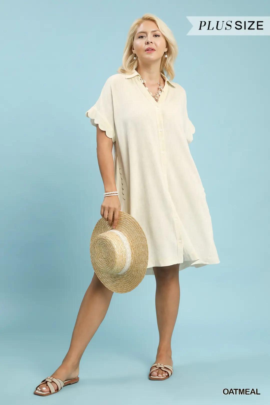 Umgee Linen Scallop Sleeve Button-Down Dress Oatmeal