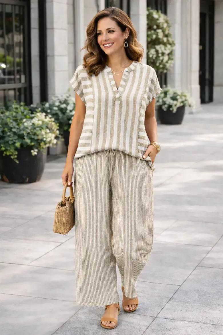 Striped Cap Sleeve V-Notch Blouse