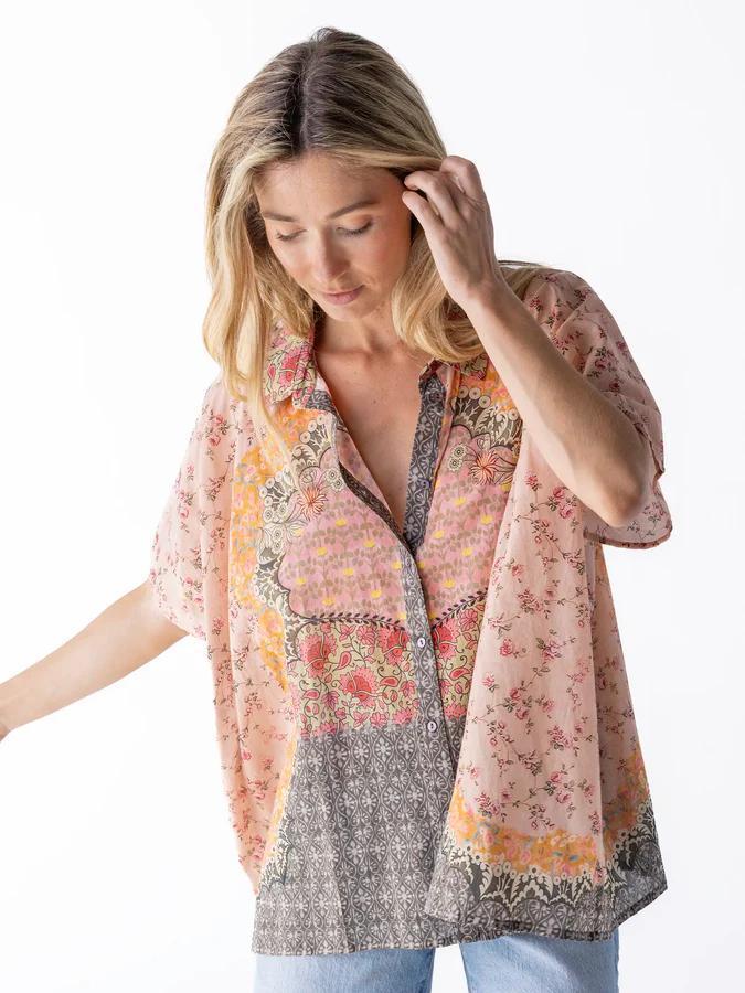 Natural Life Kelly Oversized Cotton Button Down Pink Ditsy