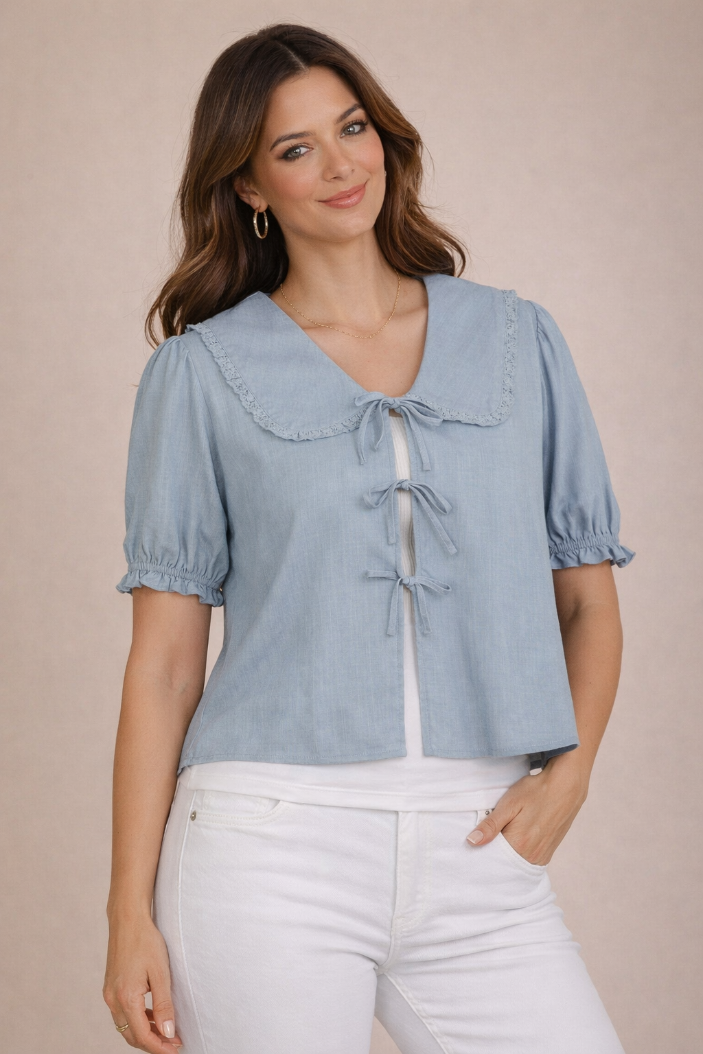 Linen Tie Front Lace Trim Blouse