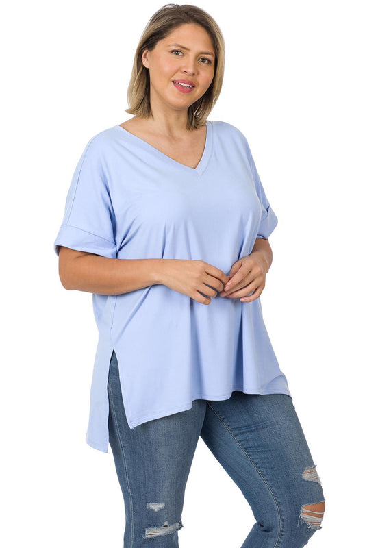 ZENANA PT-2456 Curvy Brushed Rolled Short Sleeve V-neck Top