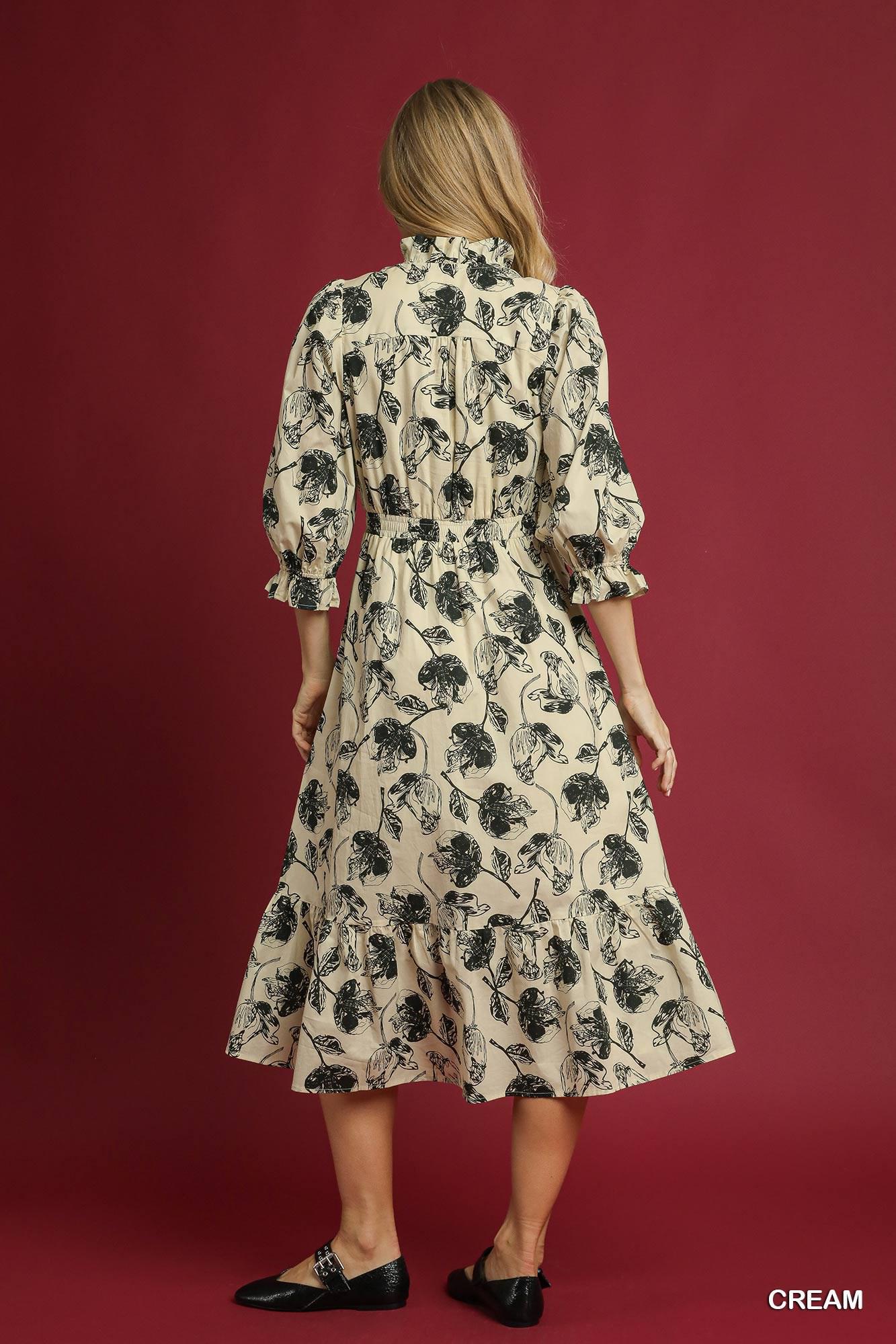 UMGEE Floral Print Button Down Midi Dress