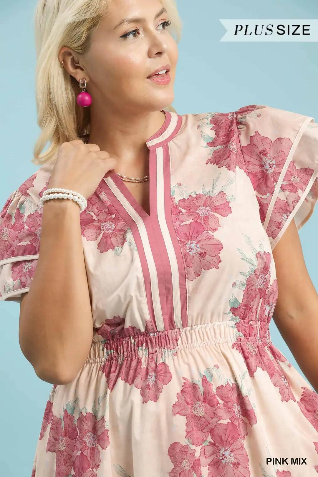 UMGEE Plus Size Floral Flutter Sleeve Midi Dress