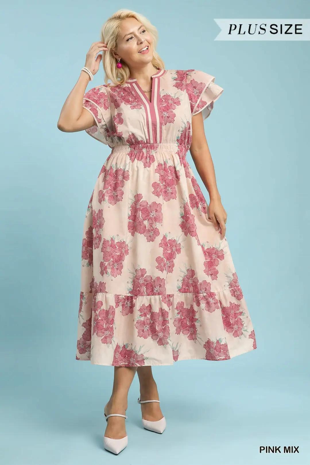 UMGEE Plus Size Floral Flutter Sleeve Midi Dress