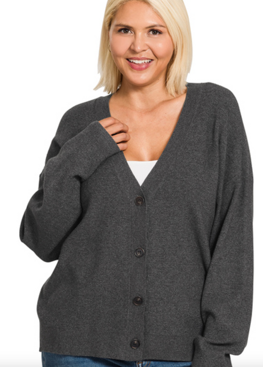 ZENANA DROP SHOULDER BUTTON FRONT CARDIGAN