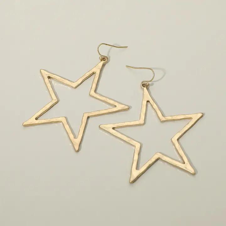 Hammered Metal Open Star Drop Dangle Earrings - GOLD