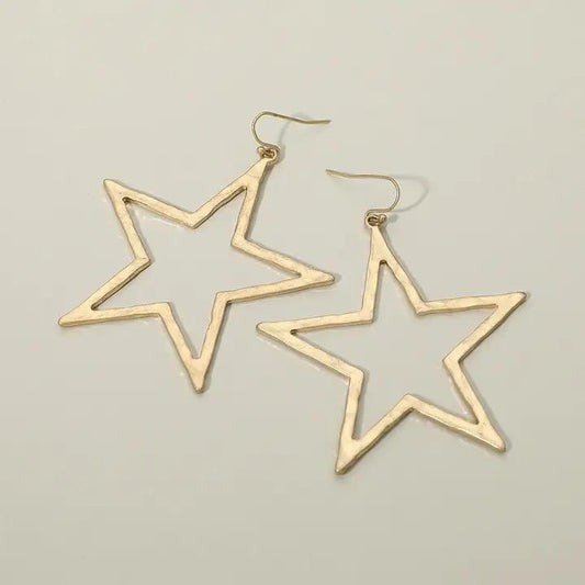 Hammered Metal Open Star Drop Dangle Earrings - GOLD