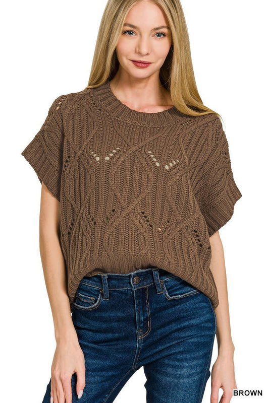 ZENANA TW-2596Y Cable Knit Short Sleeve Sweater