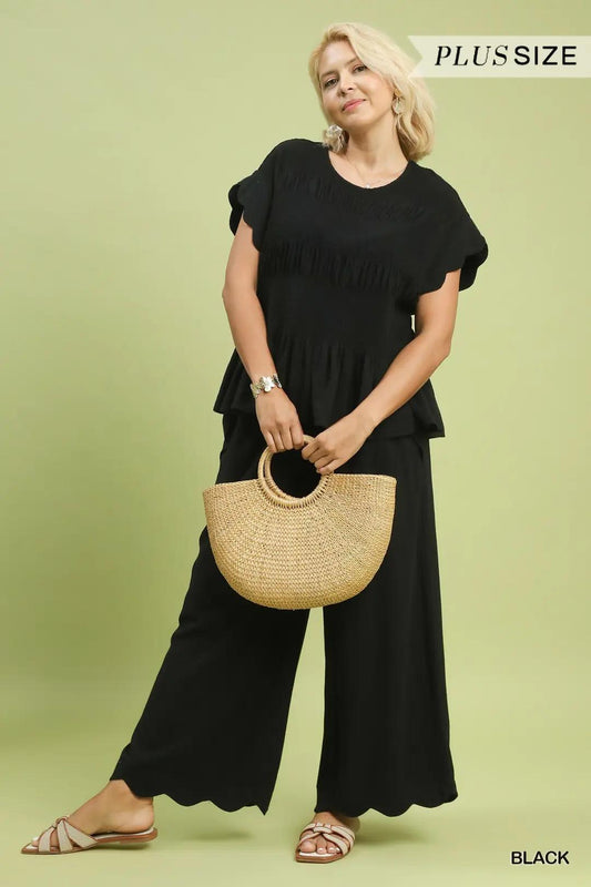 Linen Blend Scallop Hem Wide Leg Pants - Plus Size