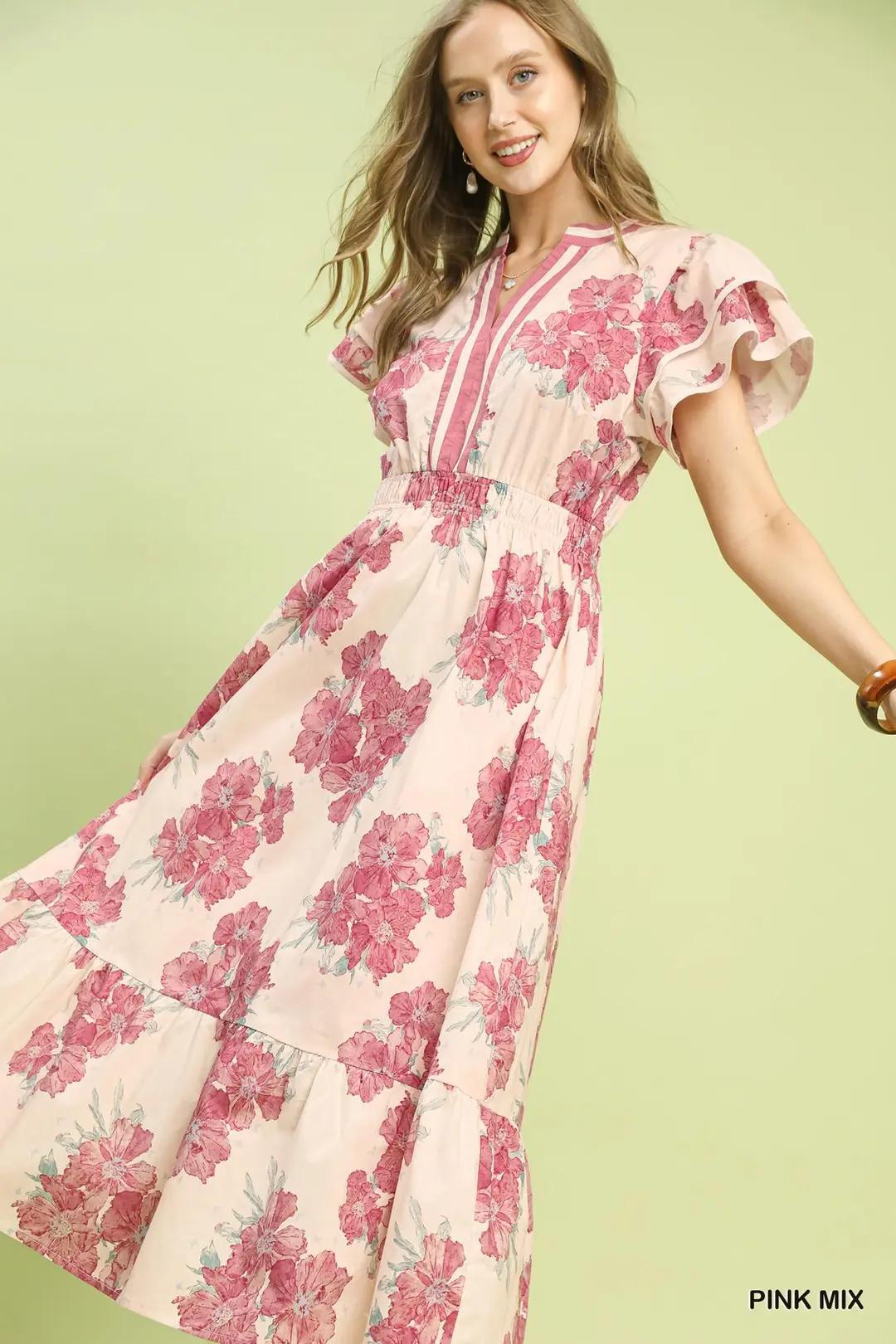UMGEE Floral Flutter Sleeve Midi Dress