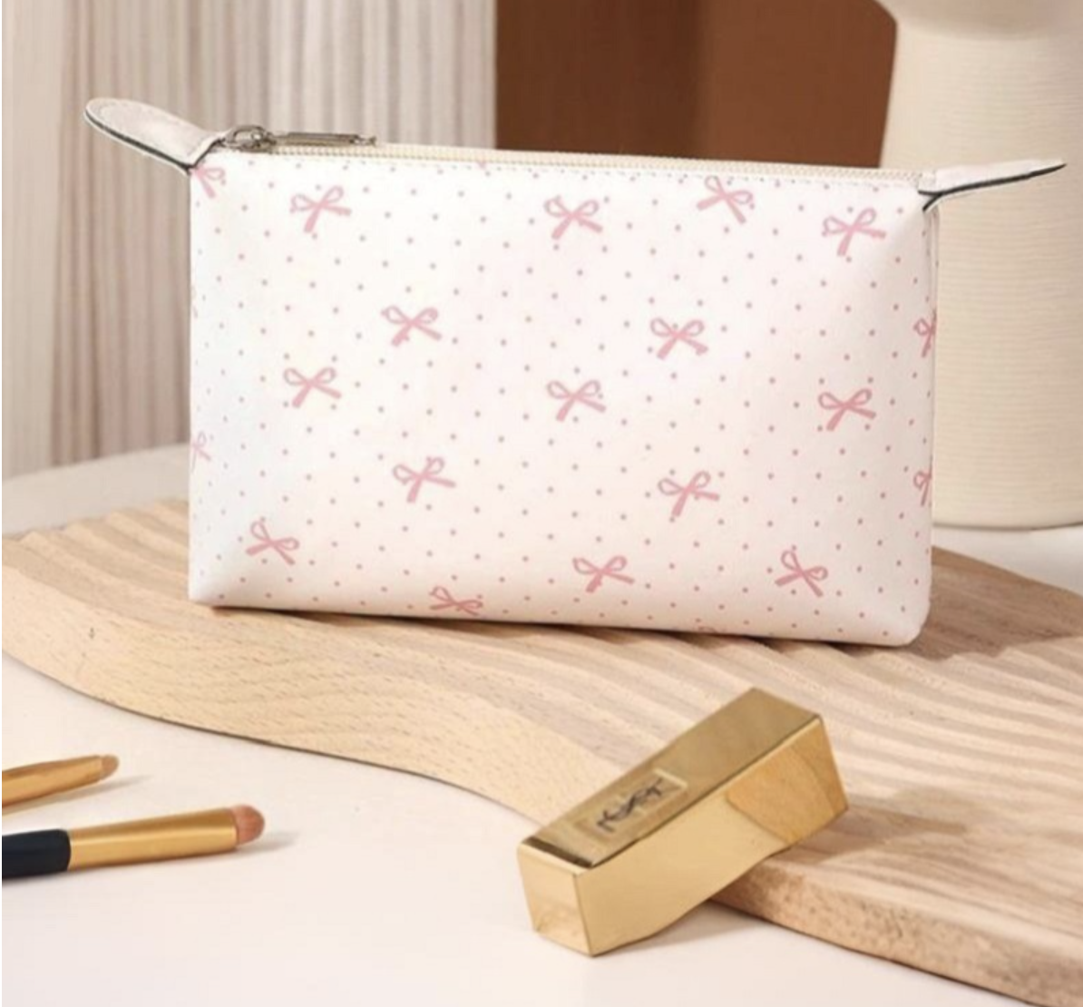 ZENANA BOWKNOT RIBBON VEGAN LEATHER COSMETIC BAG