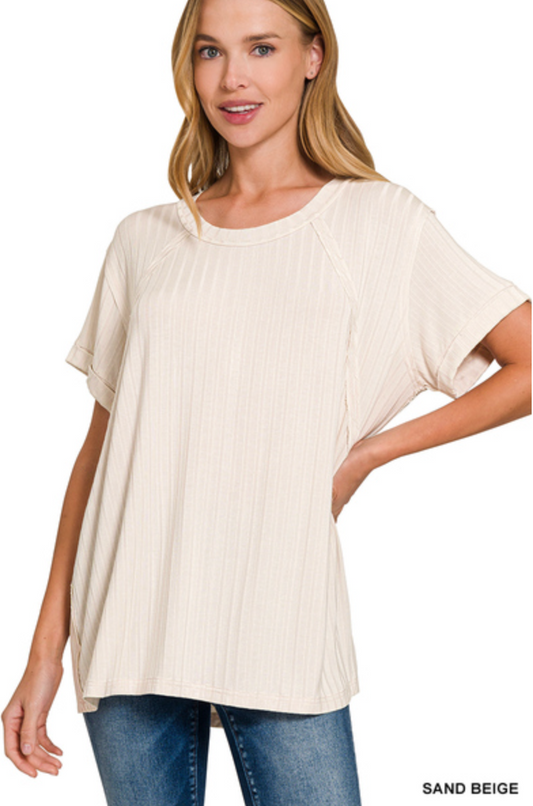 ZENANA RTW-8493 Acid Washed Ribbed Short Sleeve Boat-Neck Top