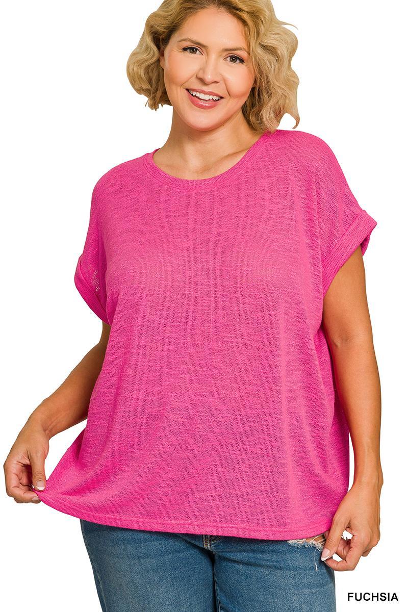 ZENANA Plus Hacci Slub Rolled Up sleeve tee
