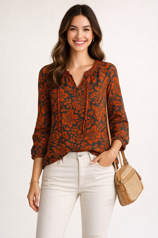 Satin Floral Tie Front Blouse