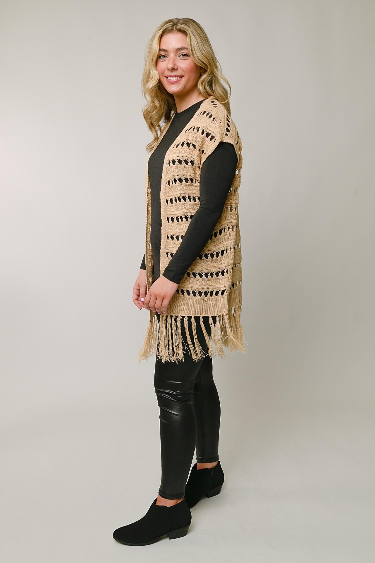 Pointelle Open Front Cardigan w/ Fringe