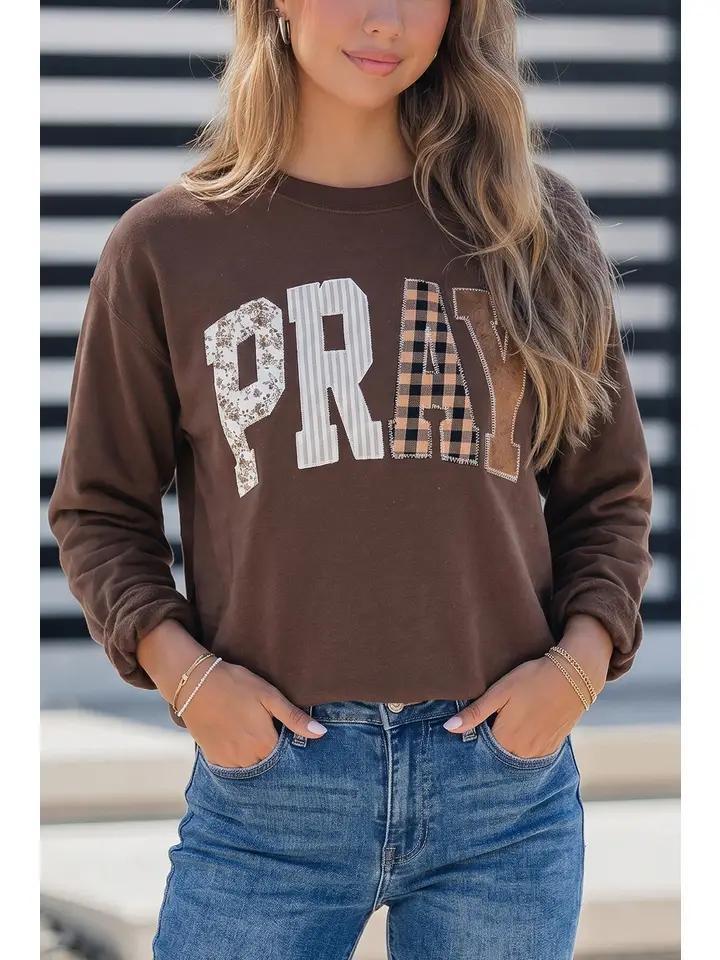 Pray Striped Embroidered Patch Pullover Sweatshirt Coffee