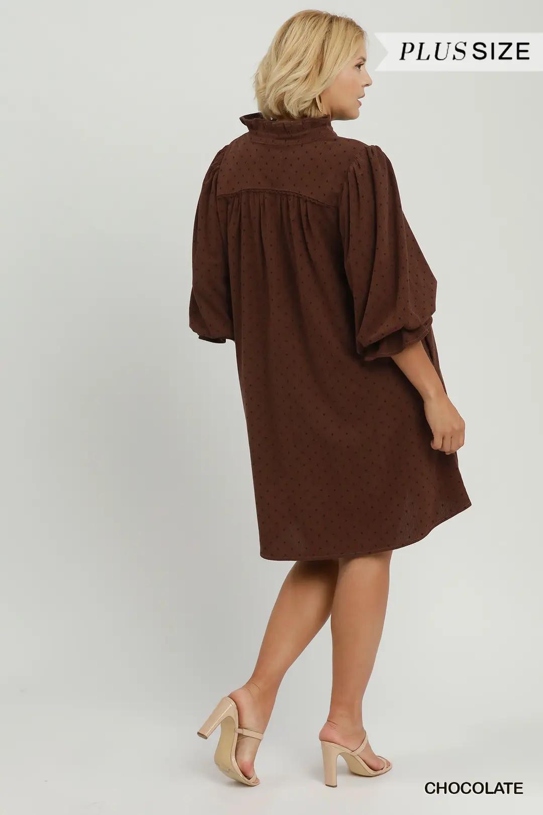 Umgee Swiss Dot Ruffle Neck Babydoll Dress - Chocolate