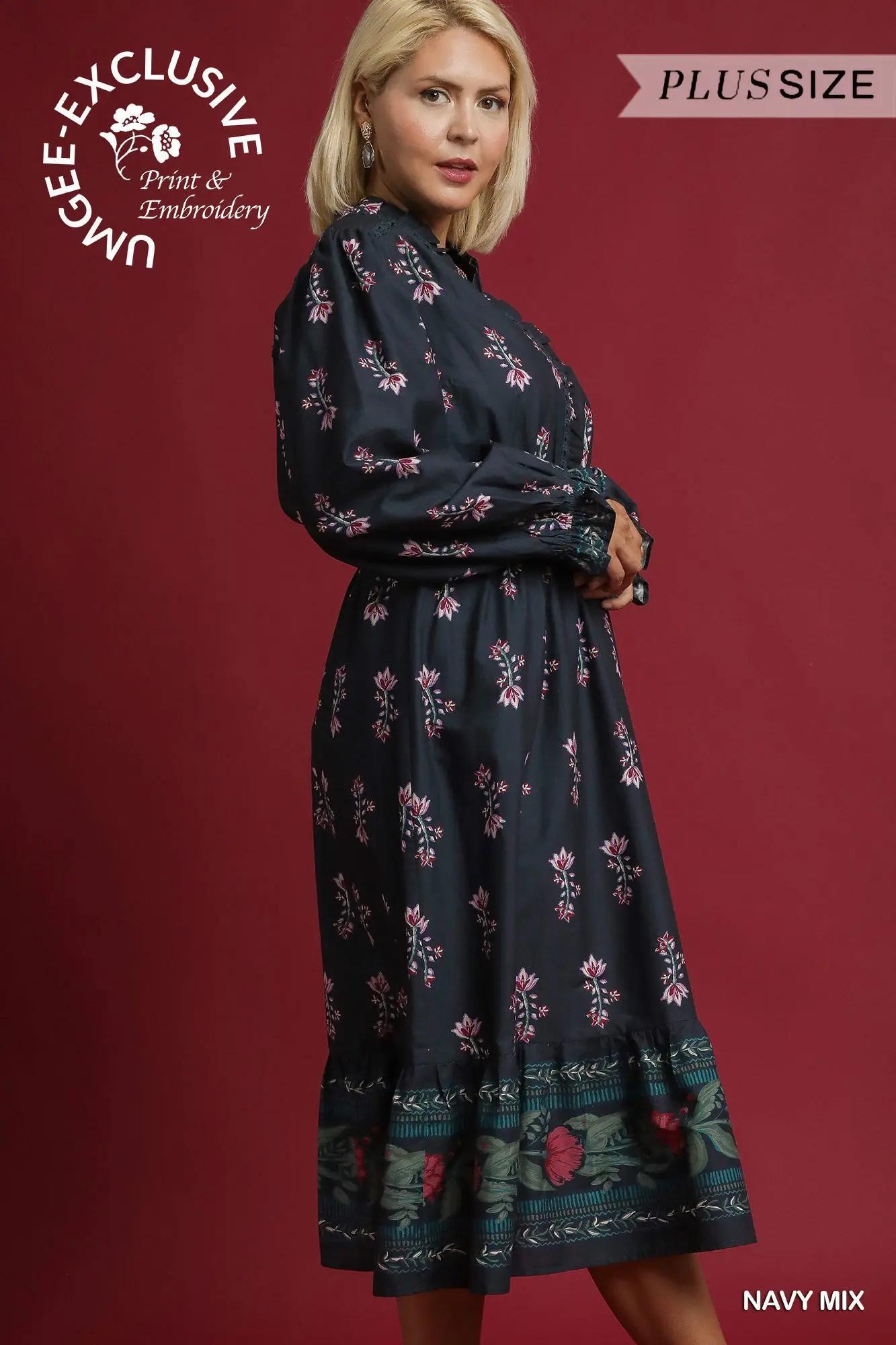 UMGEE  PLUS Size Dress Navy Mix Flora Maxi Dress