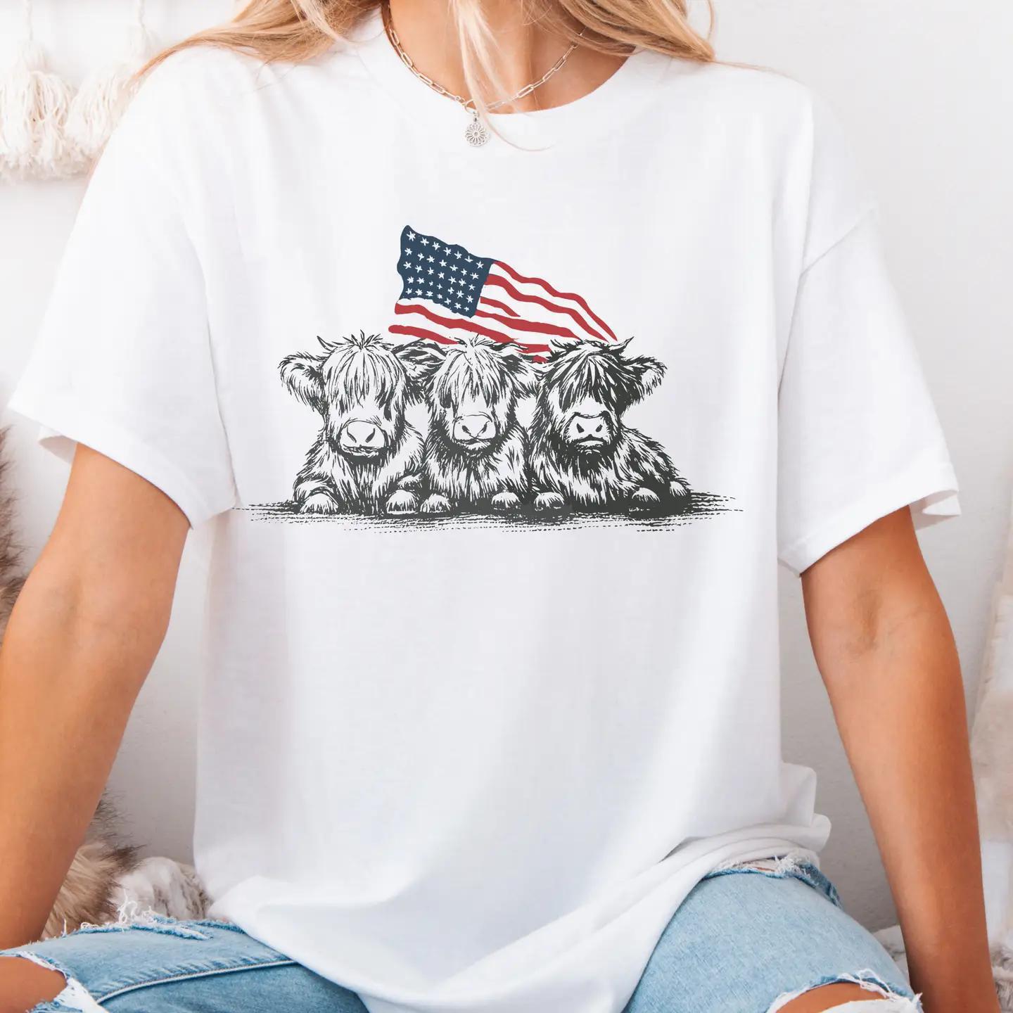 USA Cow Patriotic Flag Western 4th Of July Texas Graphic Tee