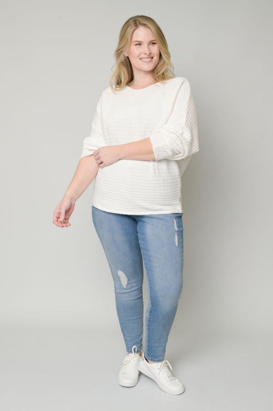 Heart of Pine - Winter White Ribbed Boatneck Dolman Sleeve Sweater - Curvy