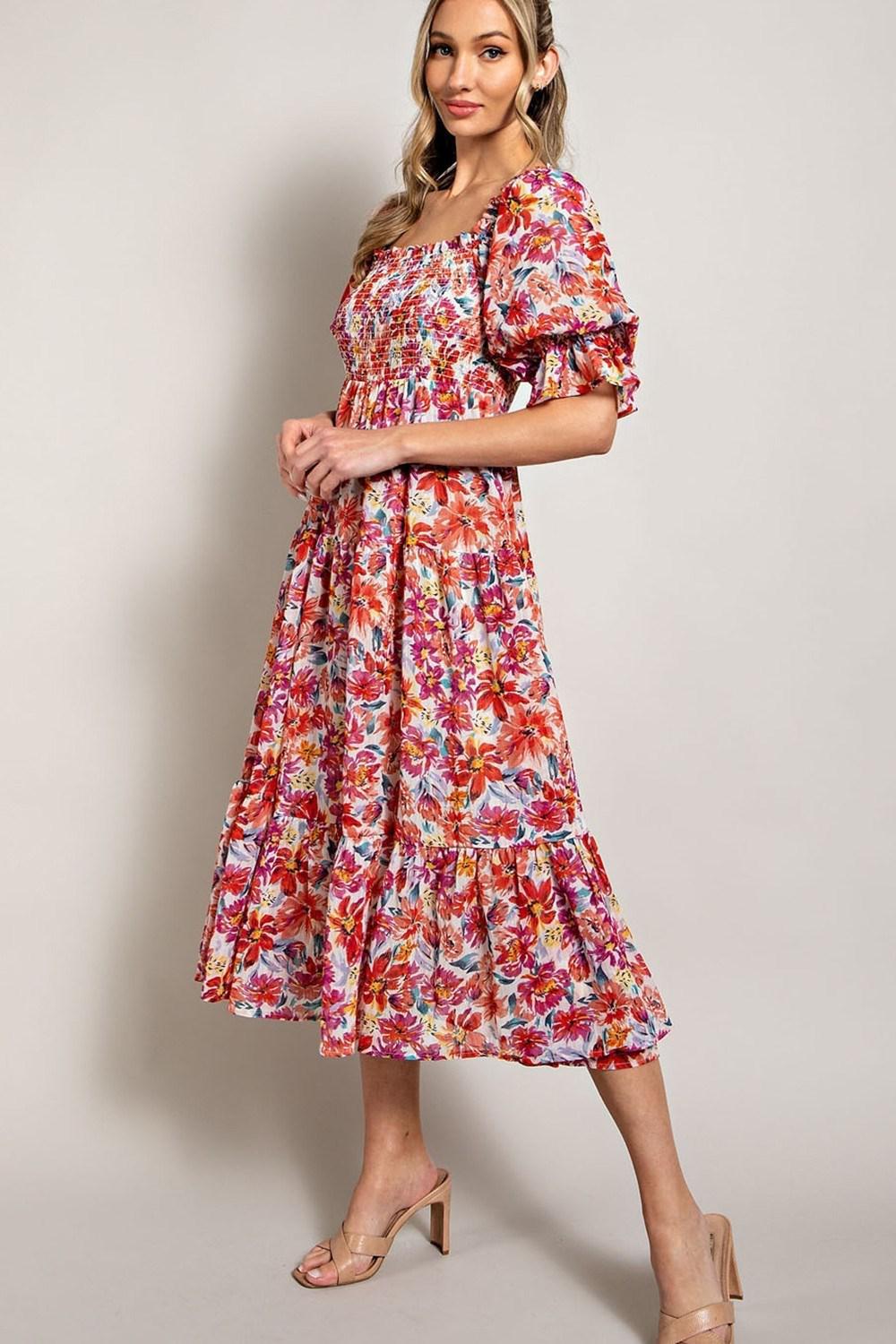 Floral Smocked Midi Dress PLUS SIZE PD9286