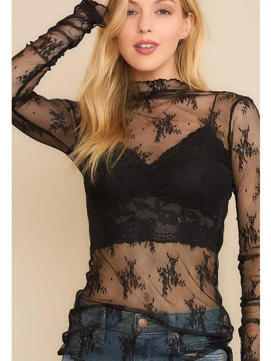 Mesh Lace High Neck Design Long Sleeve Fitted Top