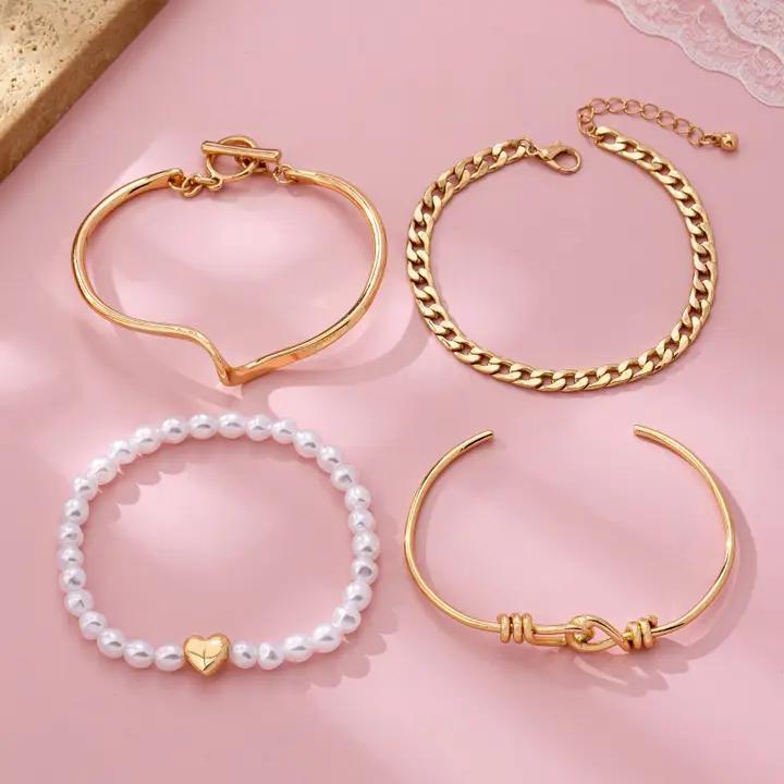 Gold Pearl Heart Charm Multi Bracelet Set | 80B1621