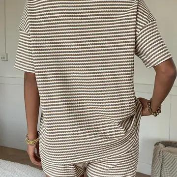 Striped Knit Shorts Set Casual Drawstring Lounge - Khaki